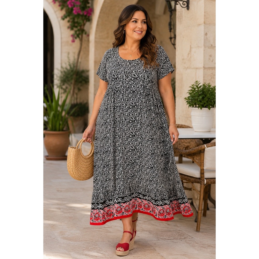 Woman Within 5X Black White Floral Border Print Maxi Dress Plus Size 5X Viscose